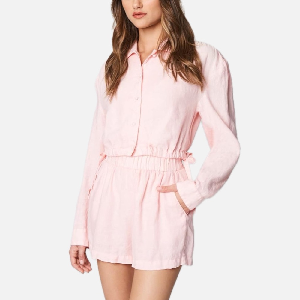 Blank NYC Linen Cropped Collared Shirt with Tie Detail flying solo/ pink
